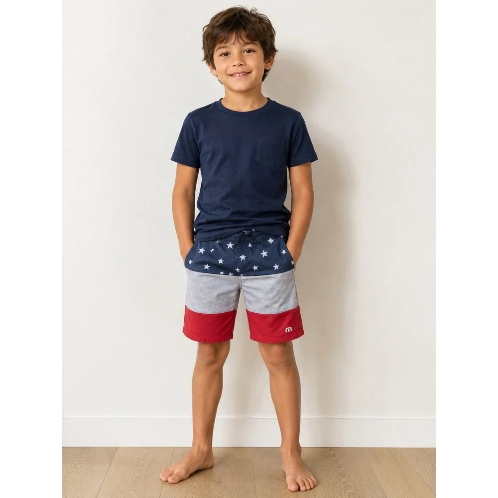 TravisMathew Board Shorts Kids Size 8 Blue Gray Red Stars Patriotic Colorblock